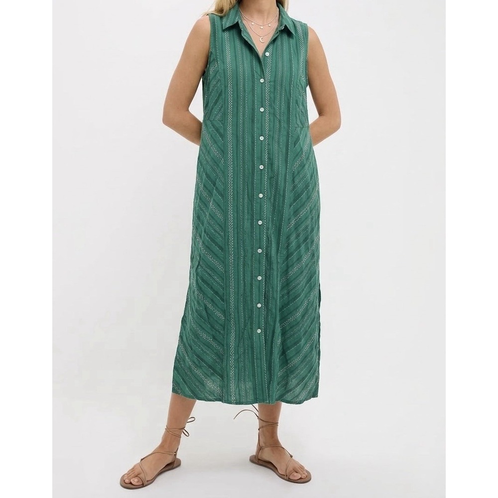 J Jill Midi- Maxi Dress Women's M Green Front Button Cottage Peasant Boho Resort